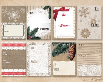 Printable PDF Gift Tags - Rustic Holiday Winter Christmas - Burlap Lace Wood Pine Snowflakes