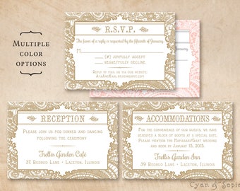 Printable Wedding Enclosure Cards - Vintage Lace - 3.5x5 - R.S.V.P. Response Reception Accommodations Lodging Other Cards