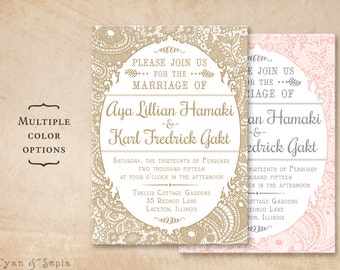 Vintage Lace Wedding Invitation, Print-Your-Own or Digital File - 5x7 Cottage Victorian Rustic Elegant Gold White Pink Blush Gray Grey