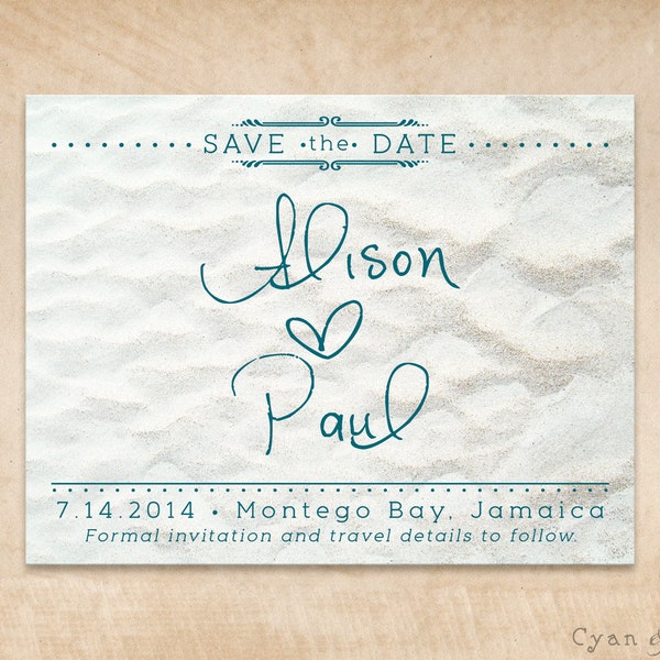 Beach Sand - Wedding Save the Date Postcard - Digital File or Print-Your-Own - 4x5 Teal Turquoise Oasis Blue White Casual Destination Nature