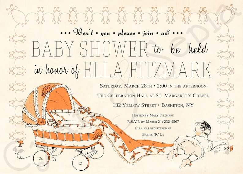 Vintage Carriage, 5x7 Baby Shower Invitation, Print Your Own or Digital File Antique Storybook Retro Midcentury 1950s 1960s Gender Neutral image 3