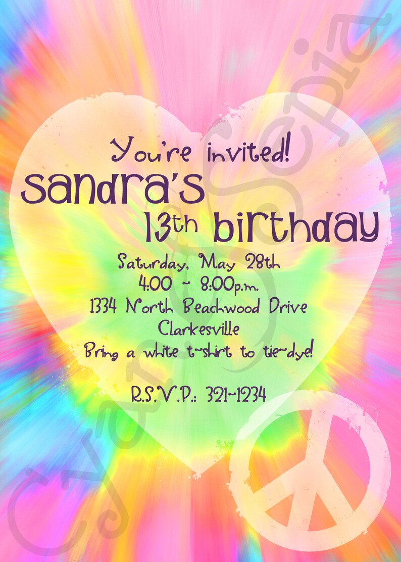 printable birthday invitation 425 x 55 4x6 5x7 tie dye