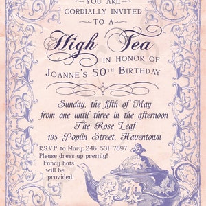 Old-Fashioned High Tea Party Birthday Shower Invitation, Print Your Own or Digital File 5x7 Vintage Antique Teapot Purple Pink Brown image 2