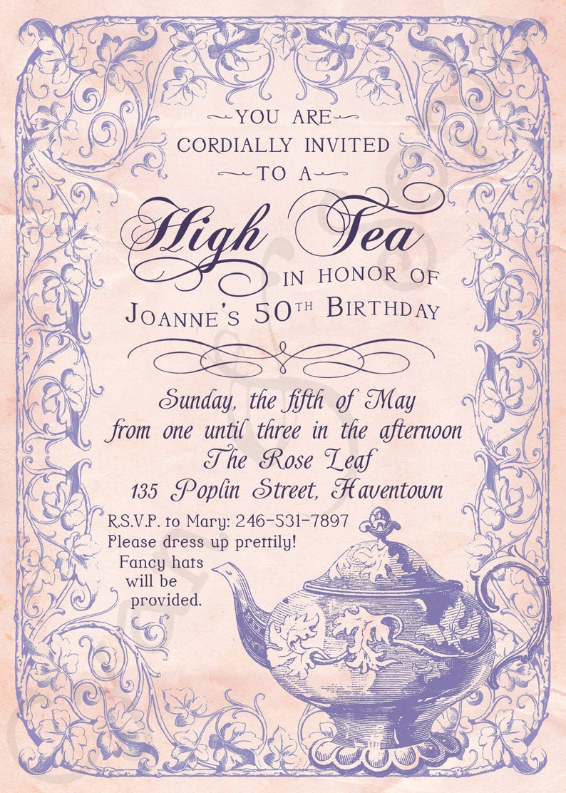 Old-Fashioned High Tea Party Birthday Shower Invitation, Print Your Own or Digital File 5x7 Vintage Antique Teapot Purple Pink Brown image 2