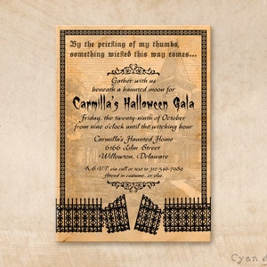 Halloween Invitation, Haunted House Gate Print Your Own or Digital File 5x7 PDF JPG Gothic Spooky Creepy Black Orange Old Vintage image 1