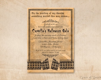 Halloween Invitation, Haunted House Gate - Print Your Own or Digital File - 5x7 PDF JPG Gothic Spooky Creepy Black Orange Old Vintage