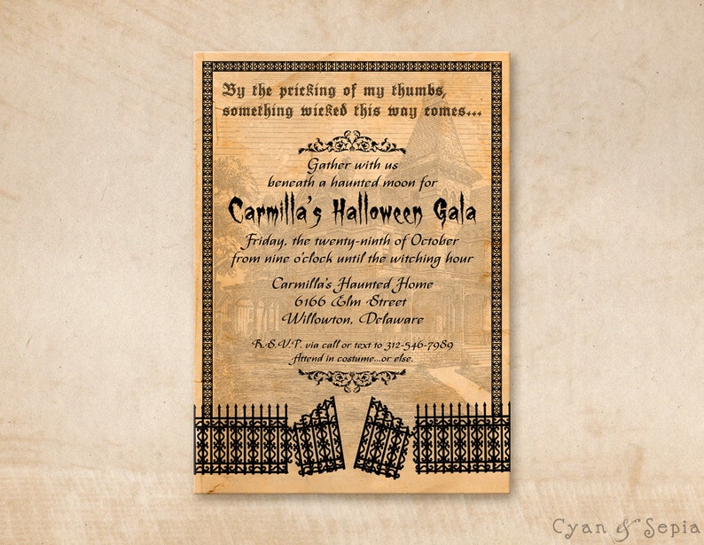 Halloween Invitation, Haunted House Gate Print Your Own or Digital File 5x7 PDF JPG Gothic Spooky Creepy Black Orange Old Vintage image 1