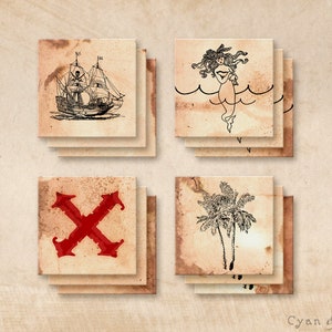 Etiquetas de recuerdo para fiestas imprimibles de 2 x 2 cuadrados: mapa del tesoro pirata: cuento de hadas antiguo náutico para niños, libro de cuentos imaginario, isla de barco