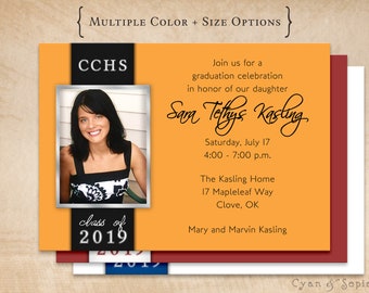 Graduation Party Invitation, Print-Your-Own or Digital File - Side Ribbon - 4.25x5.5 4x6 or 5x7 - Classic Grad Teen Photo School Colors