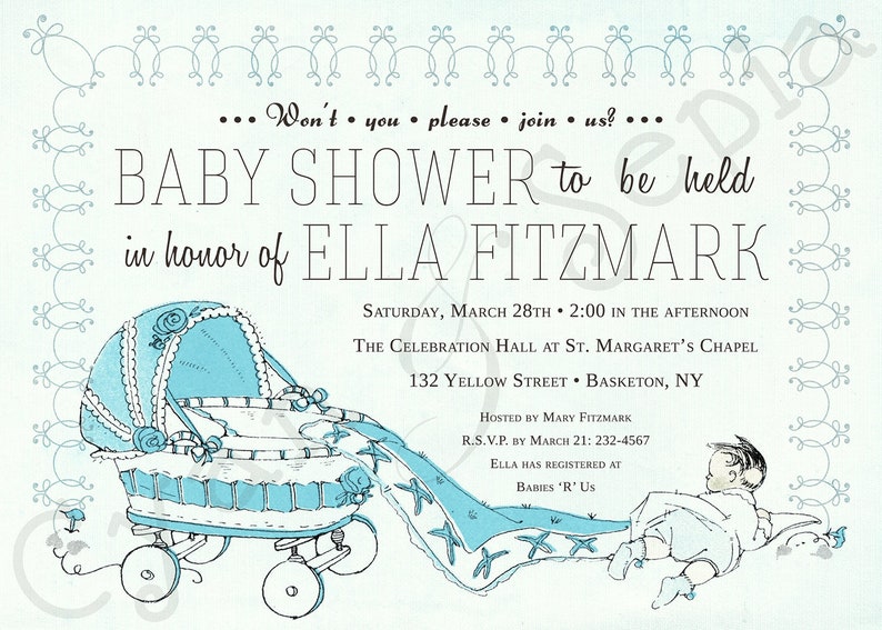 Vintage Carriage, 5x7 Baby Shower Invitation, Print Your Own or Digital File Antique Storybook Retro Midcentury 1950s 1960s Gender Neutral image 5