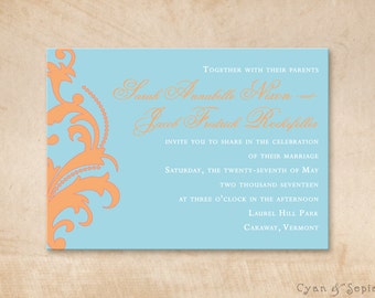 Tangerine Flourish, Wedding or Bridal Shower Invitation - 5x7 Print-Your-Own or Digital File - Classic Personalized Elegant Aqua Orange