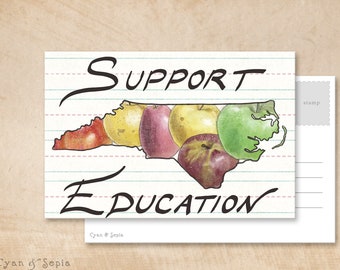 Printable Postcard - Support North Carolina Education - 4x6 Print Your Own - Apple School Teachers NC Handdrawn