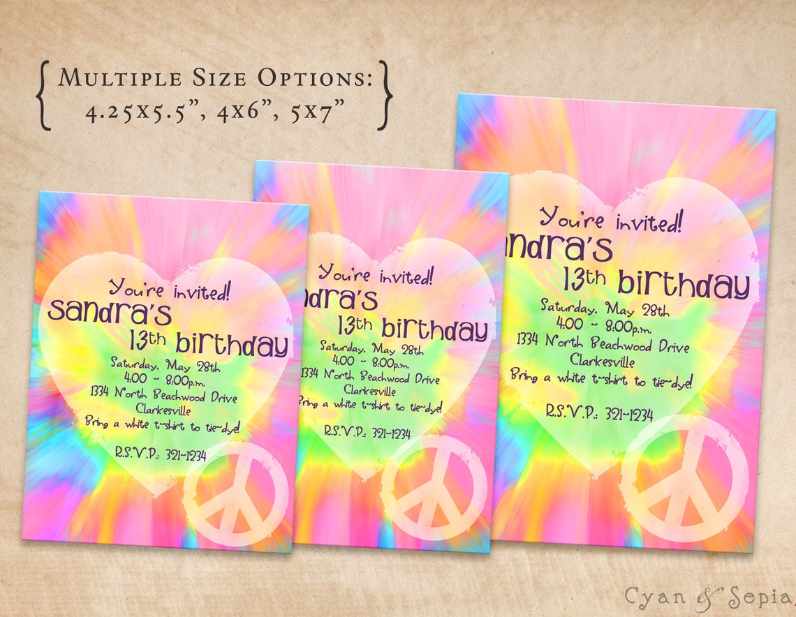 printable birthday invitation 425 x 55 4x6 5x7 tie dye etsy