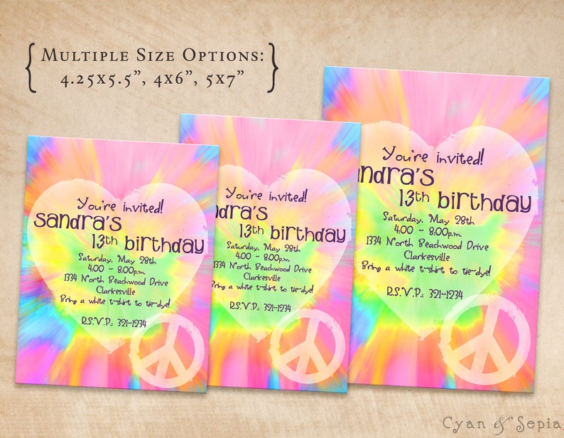 printable birthday invitation 425 x 55 4x6 5x7 tie dye etsy