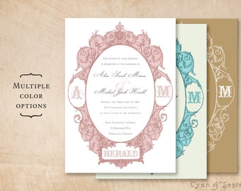 Antique Oval Frame Wedding Invitation - 5x7 Print-Your-Own or Digital File - Ornate Victorian Art Nouveau Customized Pink Gray Aqua Gold