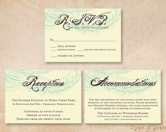 Printable Wedding Enclosure Cards - Spencerian Peacock - 3.5x5 Your Choice R.S.V.P. Response Reception Accommodations Lodging Other Cards