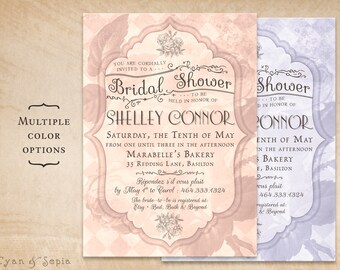 May include: A pink and white floral bridal shower invitation with a delicate floral design and a checkered pattern. The invitation reads "Bridal Shower" and includes the bride's name, Shelley Connor, the date and time of the shower, and the location. The invitation also includes the RSVP information and the registry information.