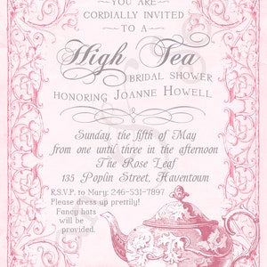 Old-Fashioned High Tea Party Birthday Shower Invitation, Print Your Own or Digital File 5x7 Vintage Antique Teapot Purple Pink Brown image 4