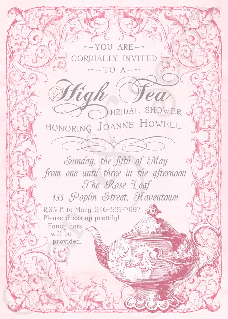 Old-Fashioned High Tea Party Birthday Shower Invitation, Print Your Own or Digital File 5x7 Vintage Antique Teapot Purple Pink Brown image 4