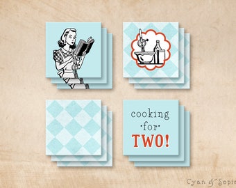 Printable 2x2 Party Squares Favor Tags - Instant Digital PDF Download - Retro Housewife Cook - Aqua Blue White Black Red 1950s Style