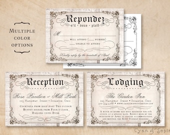 Printable Wedding Enclosure Cards - Antique Calligraphy on Wood - 3.5x5 R.S.V.P. Response Reception Accommodations Lodging Other Cards