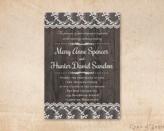 Wood and Lace Wedding Invitation - 5x7 Print-Your-Own or Digital File - Vintage Rustic Nature Barn Elegant Personalized Brown White