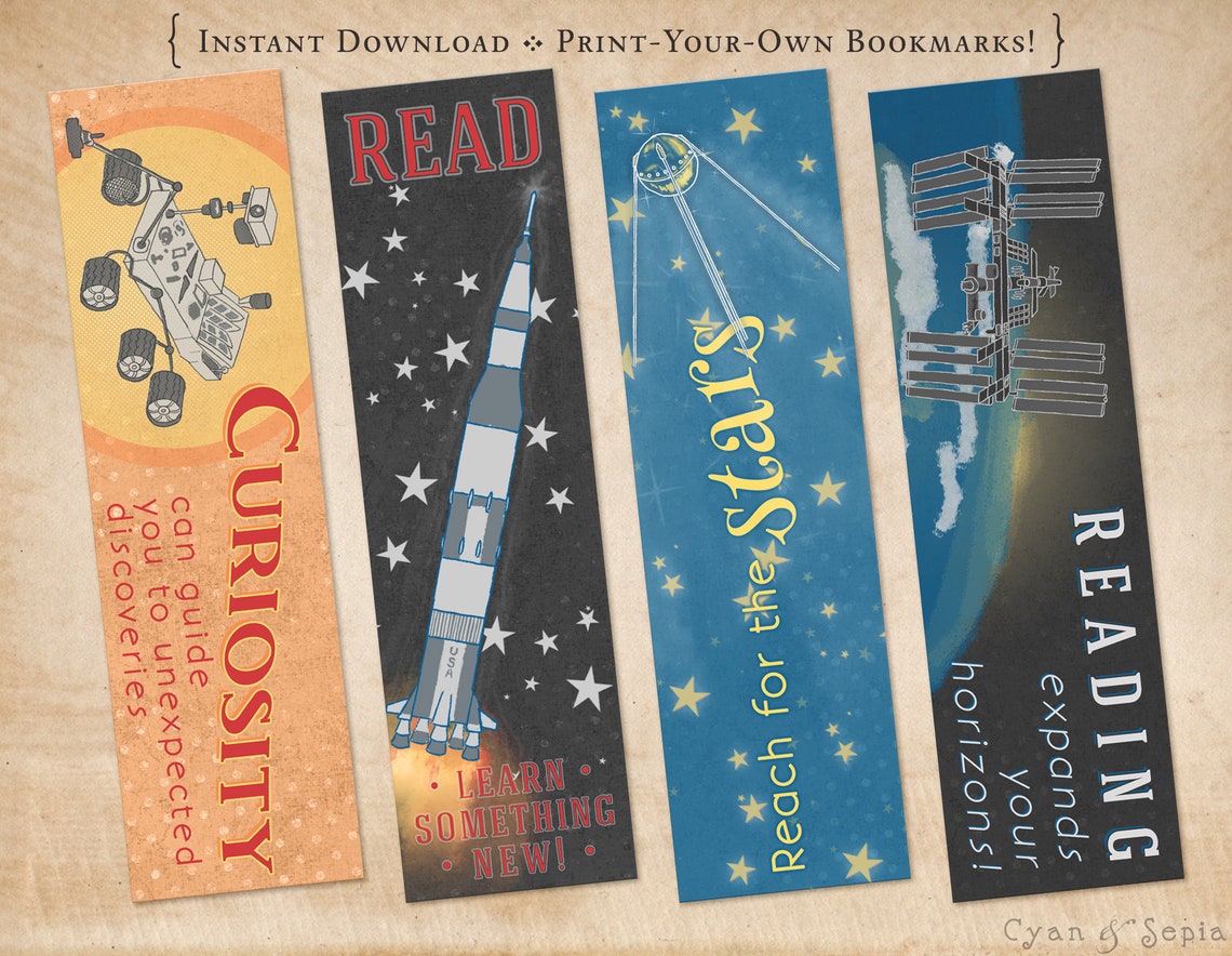Printable Bookmarks - Space Exploration - 4 Designs Print-your-own PDF ...