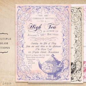 Old-Fashioned High Tea Party Birthday Shower Invitation, Print Your Own or Digital File 5x7 Vintage Antique Teapot Purple Pink Brown image 1