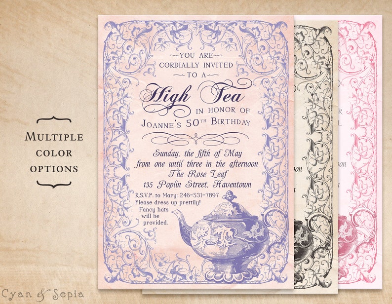 Old-Fashioned High Tea Party Birthday Shower Invitation, Print Your Own or Digital File 5x7 Vintage Antique Teapot Purple Pink Brown image 1