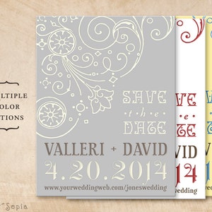 Nouveau Flourish Wedding Save the Date, Print-Your-Own or Digital File 4x5 Postcard Vintage Antique Art Nouveau Gray Red Yellow Blue image 1