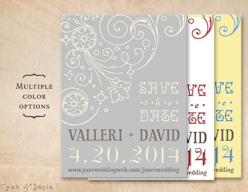 Nouveau Flourish Wedding Save the Date, Print-Your-Own or Digital File 4x5 Postcard Vintage Antique Art Nouveau Gray Red Yellow Blue image 1