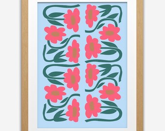Pink Floral Matise Style Print, Digital, Botanical, Fauna, Pink and blue, Poster, Boho Decor