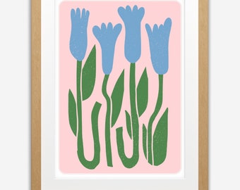 Blue flower tulip Matise inspired print, digital download, blue simple minimalist wall art