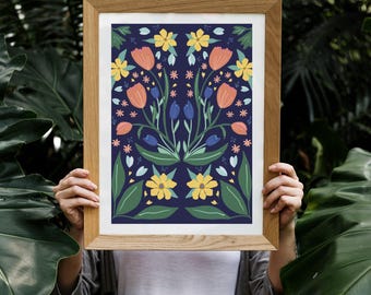 Tulips in the Night Illustration Colorful Poster Art Print