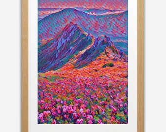 Mountain landscape, Colorful Flowers, Neon Maximalist Boho, Digital Download, Wall art decor print