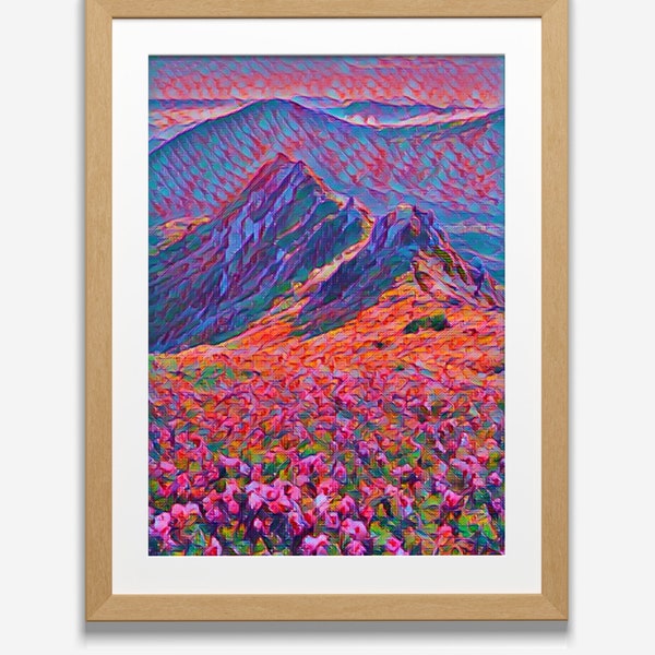 Mountain landscape, Colorful Flowers, Neon Maximalist Boho, Digital Download, Wall art decor print