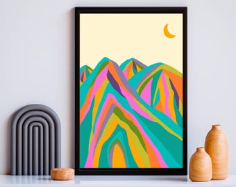 Vibrant Abstract Mountain Art Print – Colorful Landscape Wall Art with Boho Aesthetic