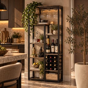 Puede incluir: Una estantería alta y rectangular de metal y madera con un soporte para copas de vino integrado en la parte superior, múltiples estantes abiertos para almacenamiento y un botellero dedicado en la parte inferior. La unidad contiene botellas, cristalería y plantas.