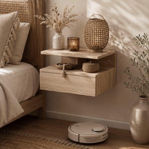 May include: A light oak floating nightstand with a single drawer and an open shelf. The top surface holds a ceramic vase with dried flowers, a glass candle holder, and a woven lantern. A small woven lidded basket sits on the open shelf.