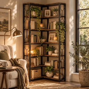 May include: A tall corner bookshelf featuring a black metal frame with geometric side detailing and multiple dark wood shelves. The unit is filled with various books, potted green plants, framed pictures, and a woven basket on the bottom shelf.