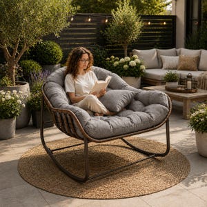 Sedia a dondolo in rattan oversize, poltrona a uovo, poltrona lounge in vimini, cuscino spesso, sedia da lettura per interni, patio, giardino, mobili moderni per la casa, papasan
