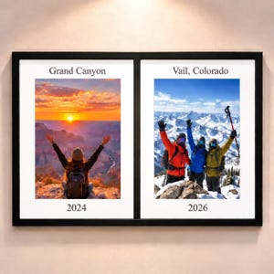 May include: A black rectangular frame containing two side-by-side photographs. The left photo shows a person with a backpack at the Grand Canyon in 2024. The right photo shows three people in winter gear at Vail, Colorado in 2026.