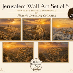 May include: A set of five digital wall art prints titled Jerusalem Wall Art Set of 5, Historic Jerusalem Collection. Each rectangular print features a landscape painting of Jerusalem at sunset with golden light, stone architecture, and trees.