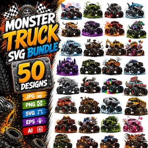 Könnte beinhalten: Eine digitale Sammlung von 50 Monstertruck-Designs mit verschiedenen Themen wie amerikanischen Flaggen, Totenköpfen, Dinosauriern und Clowns. Die Grafik enthält den Text MONSTER TRUCK SVG BUNDLE 50 DESIGNS sowie die Dateiformate JPG, PNG, SVG, EPS und AI.