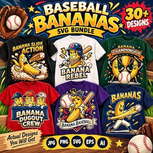 May include: A digital graphic display featuring six t-shirts with baseball-themed banana illustrations. Designs include a banana sliding into base, a banana rebel with a bat, a championship trophy scene, a dugout crew, a baseball banana, and a batter.