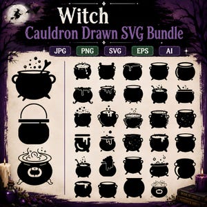 Op de afbeelding: Een digitaal grafisch pakket getiteld Witch Cauldron Drawn SVG Bundle met diverse zwarte silhoueticonen van ketels met borrelende vloeistoffen, lepels en sterren. De bestandsformaten JPG, PNG, SVG, EPS en AI staan bovenaan vermeld.