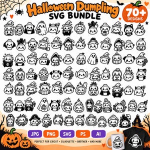 Puede incluir: Una colección digital de más de 70 ilustraciones de dumplings de Halloween en blanco y negro con varios personajes disfrazados, incluyendo fantasmas, brujas y calabazas, con el texto Halloween Dumpling SVG BUNDLE y 70+ DESIGNS.