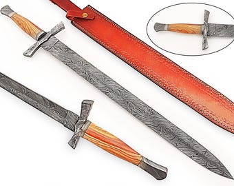 Hand Forged Damascus Steel Sword, Viking Longsword, Olive Wood Handle, Medieval Display Collectible, Leather Sheath, Gift for Him