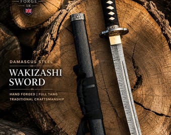 Handmade Short Katana, Damascus Steel Wakizashi Samurai Sword, Scabbard, Gift for Boyfriend, Christmas Gift