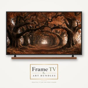 May include: A television screen displaying a digital image of a dense forest path lined with large, gnarled trees featuring deep brown bark and vibrant orange autumn leaves. Several black birds are perched on the thick, arching tree branches.